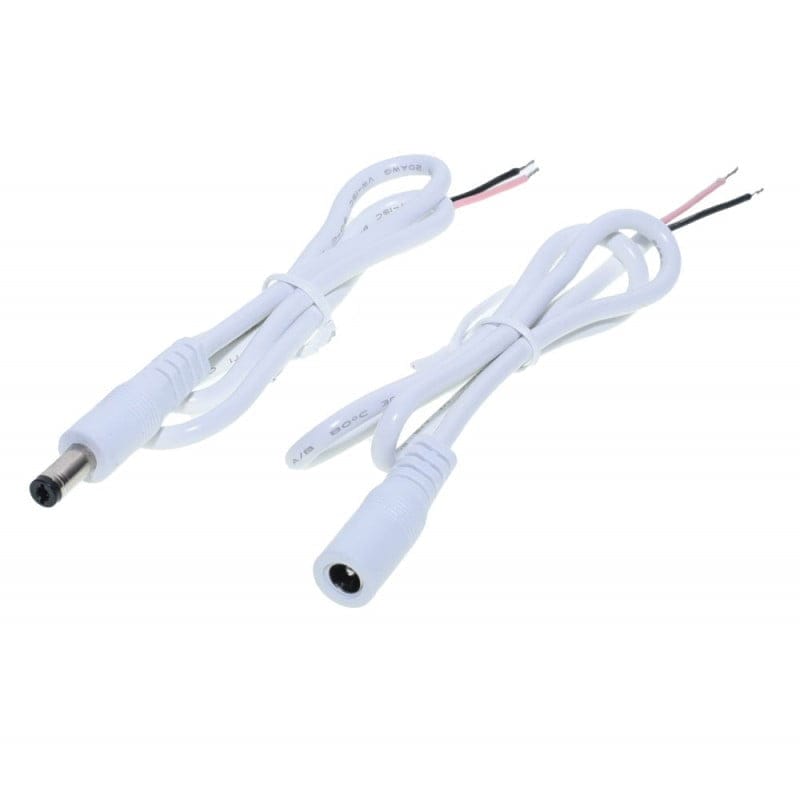 Set cablu DC 2,1mm mama-tata alb, vedere comparativa ambele piese incluse in pachet