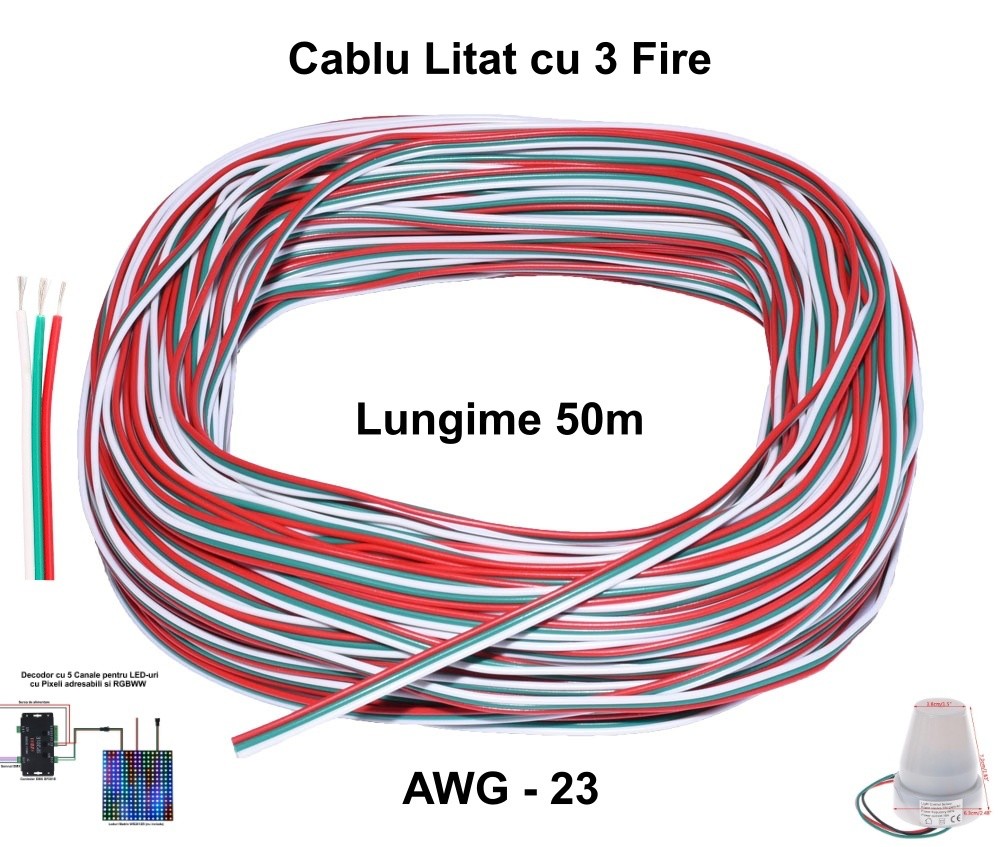 Cablu litat 3 fire 50m AWG 23, compatibil benzi LED RGB si senzori de prezenta