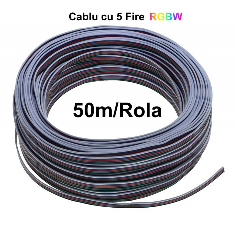 Cablu cu 5 fire RGBW rola 50m pentru benzi LED, vedere laterala cu eticheta dimensiune