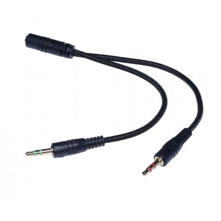 Cablu jack 3,5mm splitter audio, vedere laterala cu mufa mama si doi conectori tata