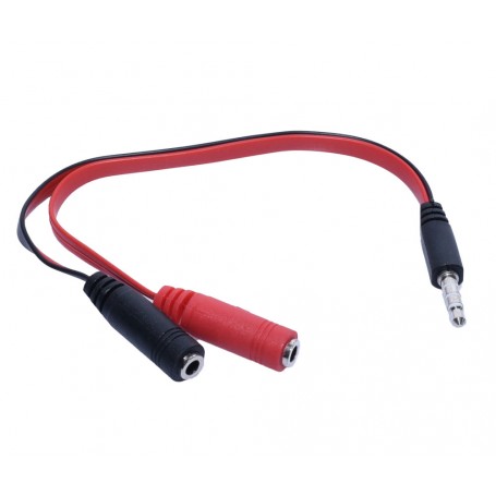 Cablu audio splitter jack 3.5mm, detaliu mufe mama negru si rosu, cablu plat flexibil