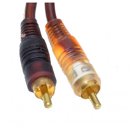 Cablu audio RCA, detaliu conectori dubli placati cu aur, canal stang negru si canal drept portocaliu