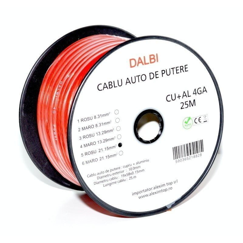 Cablu auto de putere rosu CU+AL 4GA, diametru 10mm, 25m pe rola, miez cupru-aluminiu, certificat RoHS