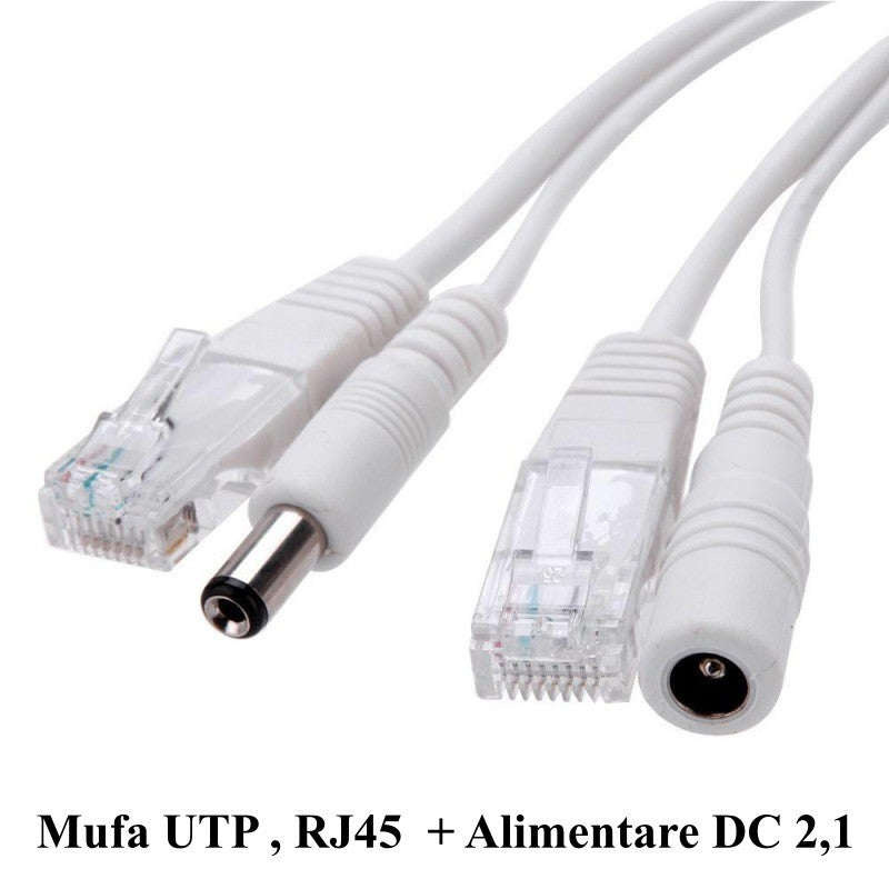 Detaliu conectori RJ45 si DC 2,1mm cablu supraveghere, mufa tata si mama vizibile clar