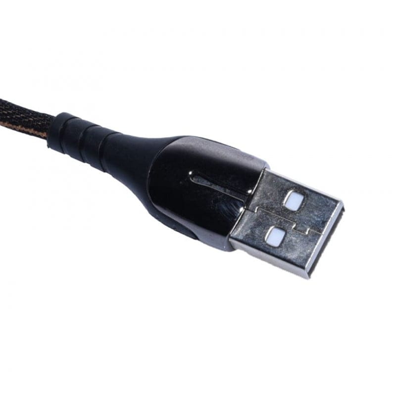 Conector USB tip A cu carcasa neagra ranforsata, detaliu cablu impletit 2.4A