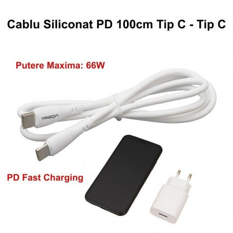 Cablu siliconat USB-C la USB-C 66W PD Fast Charging 100cm, alb, prezentat cu telefon si incarcator