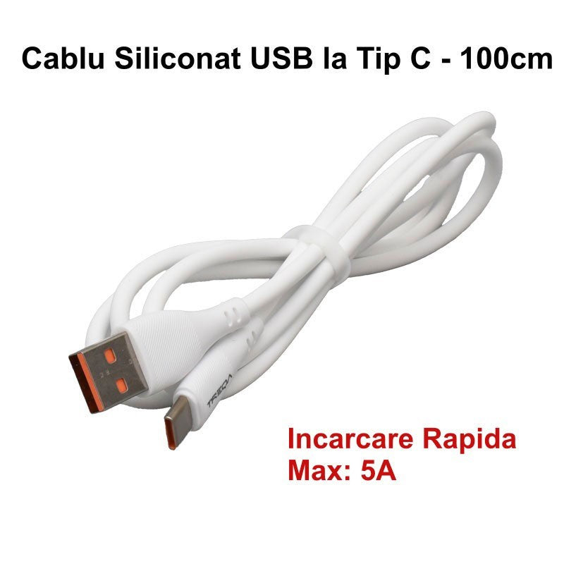 Cablu siliconat USB la Tip C, 100cm, incarcare rapida 5A, alb, flexibil