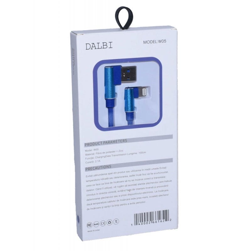 Cutie ambalaj cablu USB-Lightning, spate cu specificatii tehnice: 2.1A, 100cm, material textil