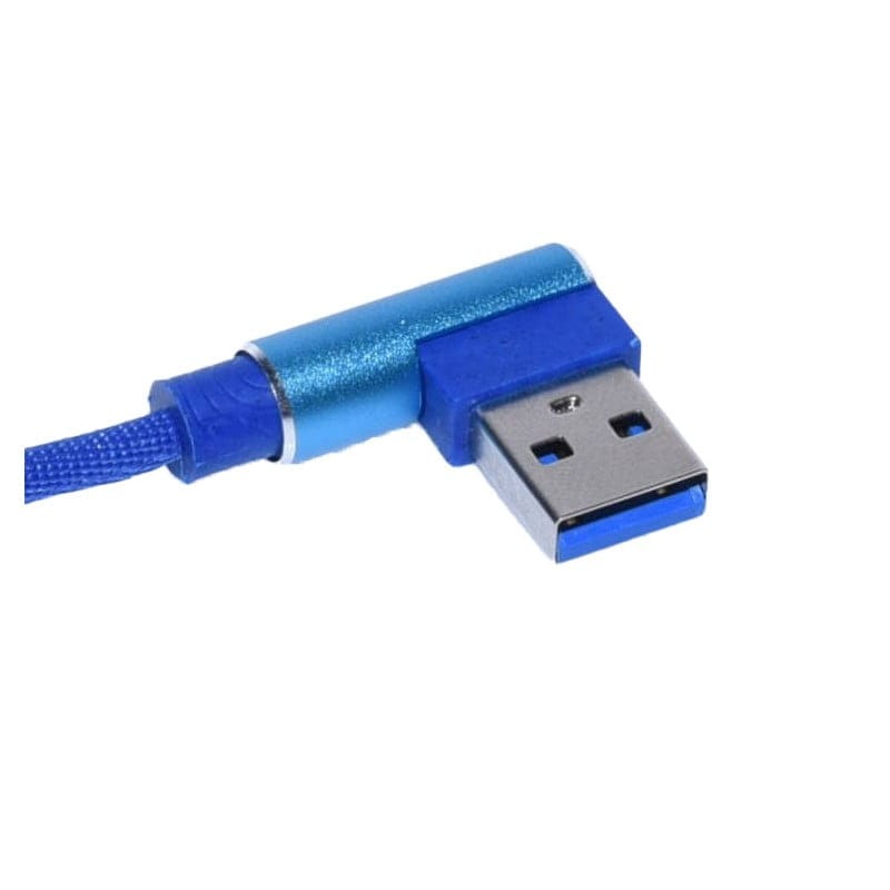 Conector USB tip A in unghi 90 grade, metalic albastru, detaliu capAt cablu textil