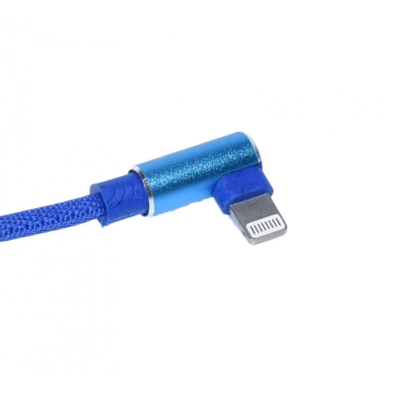 Conector Lightning in unghi 90 grade, metalic albastru, detaliu capAt cablu impletit