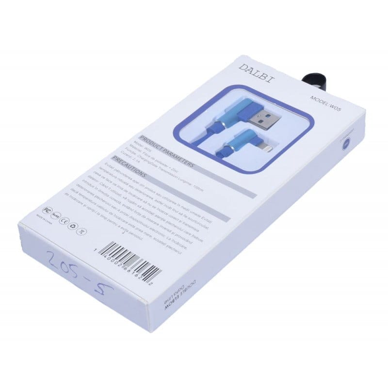 Cutie ambalaj cablu USB-Lightning cu cot 90 grade, vedere laterala cu cod de bare