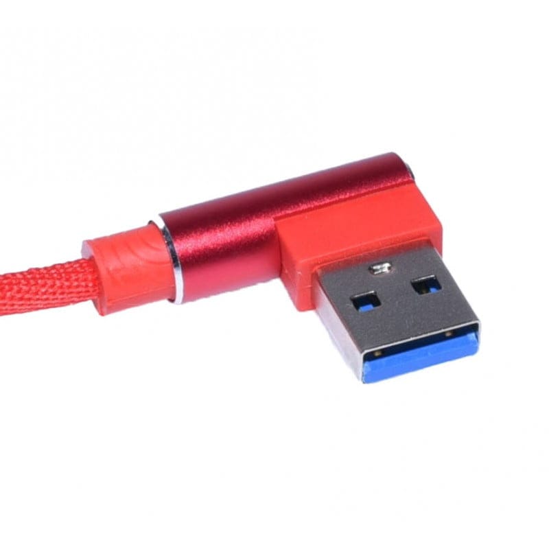 Cablu USB-A cu cot 90 grade si conector aluminiu rosu, detaliu mufa USB-A