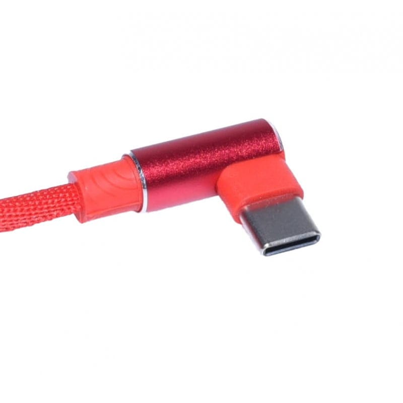 Cablu USB Type-C cu cot 90 grade, detaliu mufa Type-C si corp metalic rosu