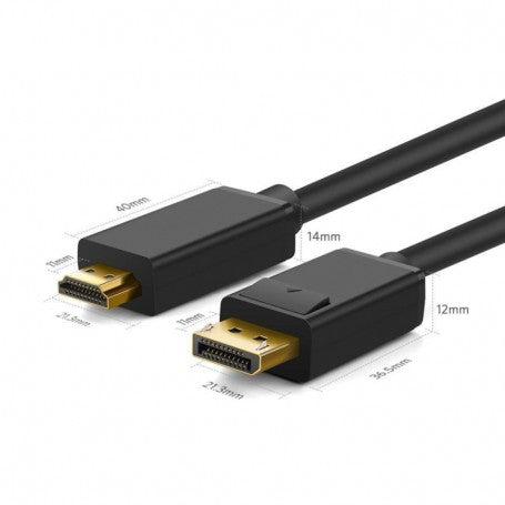 Cablu DP la HDMI cu dimensiuni conectori detaliate: 40mm x 14mm si 36.5mm x 12mm