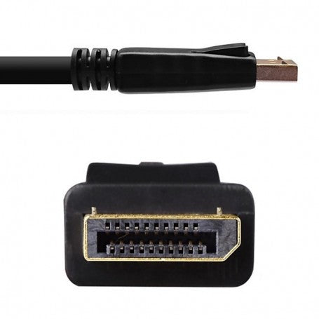 Cablu DisplayPort detaliu conector aurit, port standard cu mecanism de blocare, contacte vizibile