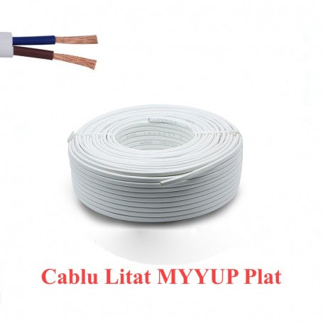 Cablu electric plat 2x0.5mm rola 100m, manson alb, conductori litati cupru clasa 5