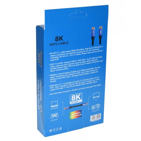 Cutie ambalaj cablu HDMI 8K HDTV, specificatii tehnice 48Gbps si compatibilitate dispozitive, spate