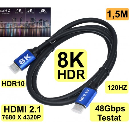 Cablu HDMI 2.1 8K HDR 1,5m, suport 120Hz si 48Gbps, compatibil Full HD, 4K, 5K, 8K