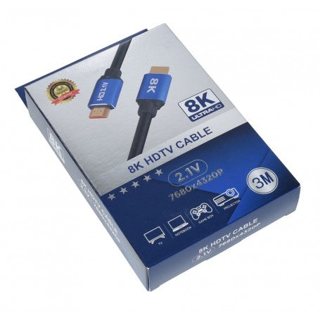 Cablu HDMI 8K HDTV 2.1V, 3 metri, rezolutie 7680x4320p, ambalaj fata albastru