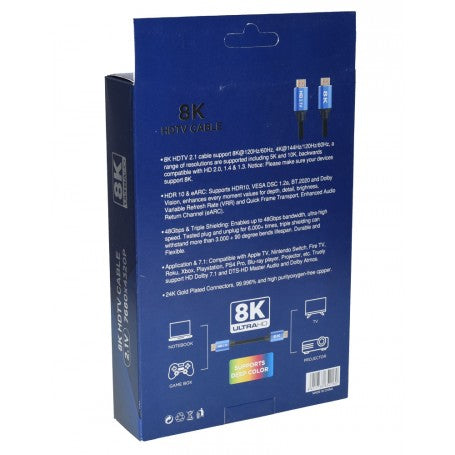 Cablu HDMI 8K 2.1V, cutie spate cu specificatii tehnice, compatibil 4K 144Hz si 8K 60Hz