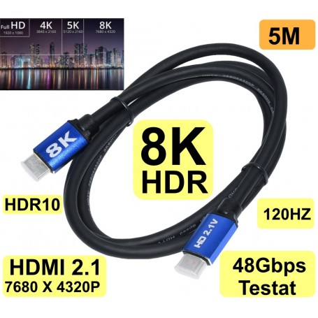 Cablu HDMI 2.1 8K HDR 5M, suport 120Hz si 48Gbps, compatibil rezolutii Full HD, 4K, 5K si 8K