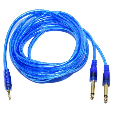 Cablu jack 3,5mm stereo la 2x6,3mm mono siliconat, lungime 5m, conectori auriti, manta albastra transparenta