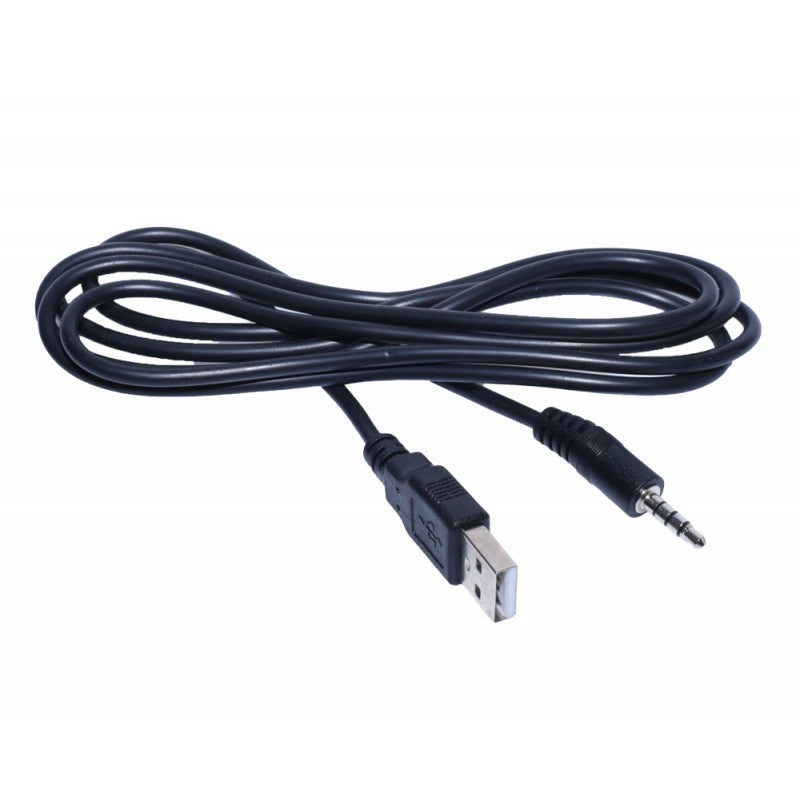 Cablu jack 3,5mm la USB tata desfasurat, conectori vizibili la ambele capete