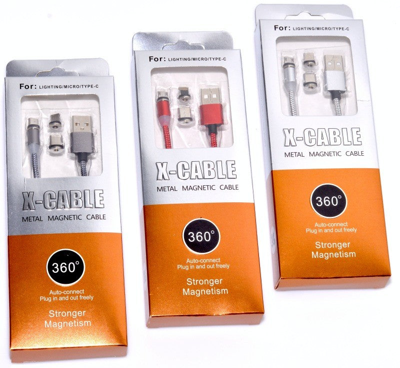 Cablu magnetic panzat in 3 culori argintiu rosu alb, conectare auto 360 grade, kit cu mufe incluse