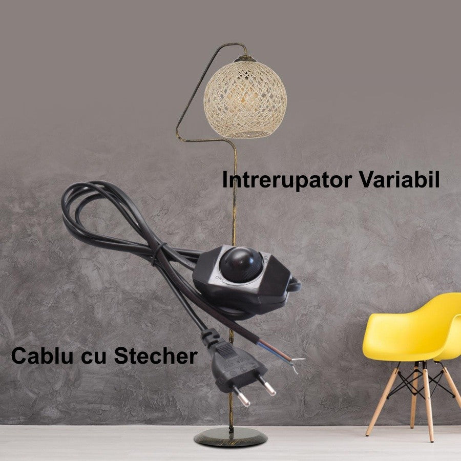 Cablu cu variator pe fir montat la lampadar decorativ, exemplu de utilizare in living modern