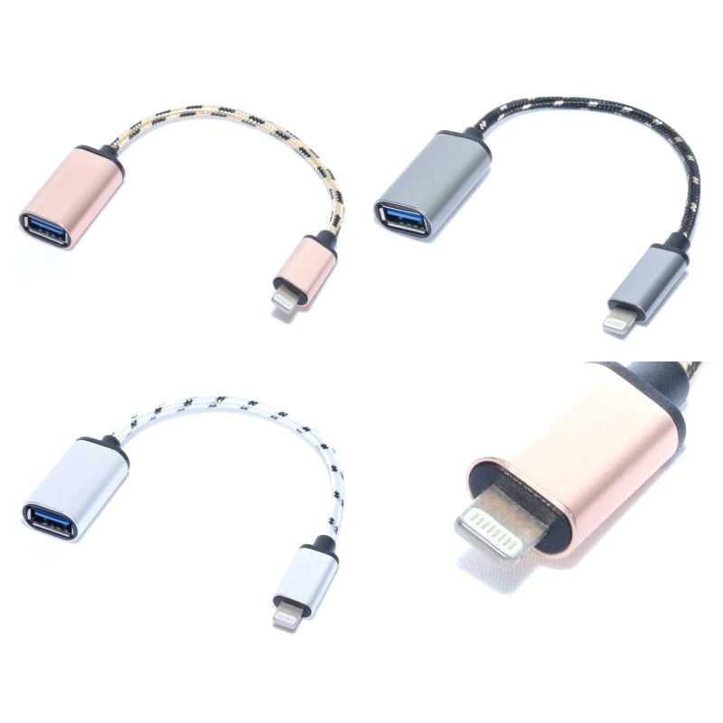 Adaptor OTG Lightning USB 3.0 disponibil in variante rose, gri si argintiu, detaliu conector