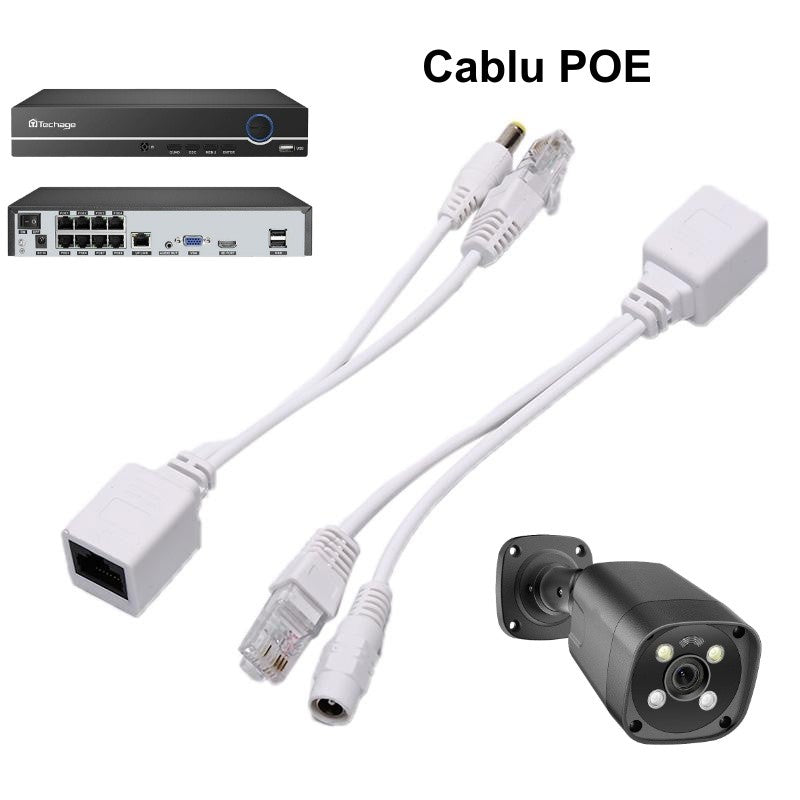 Set cablu pasiv POE compatibil cu camere IP si NVR, injector si splitter RJ45 cu mufa DC 2.1mm