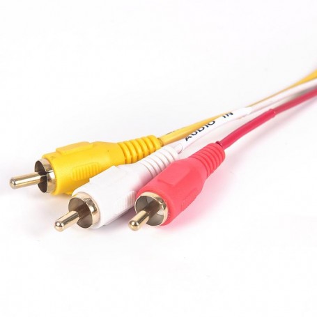 Cablu Scart 3 RCA - detaliu mufe RCA rosie, alba si galbena cu eticheta Audio In
