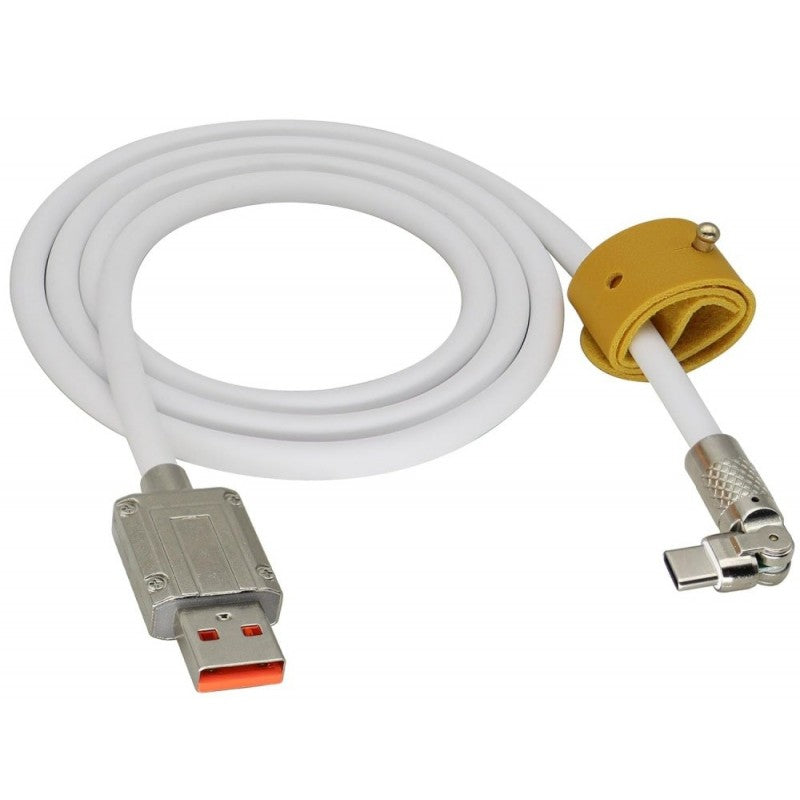 Cablu USB-C 120W alb cu conector rotativ 180 grade si banda elastica de organizare, lungime 1m