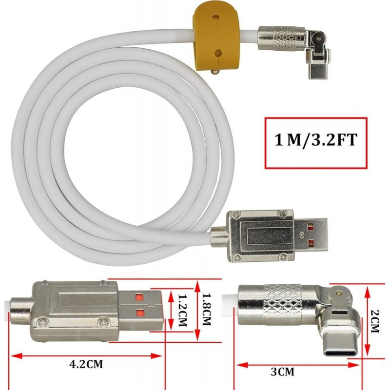 Cablu USB-C 120W alb 1m cu dimensiuni conectori: USB-A 4.2x1.8cm, conector unghi 90 grade 3x2cm