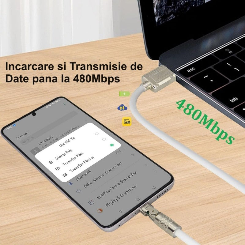 Cablu USB-C 120W conectat la smartphone si laptop, transfer date 480Mbps in timp real