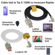 Cablu USB-A la USB-C 120W incarcare rapida 1m, compatibil smartphone, laptop, tableta si powerbank