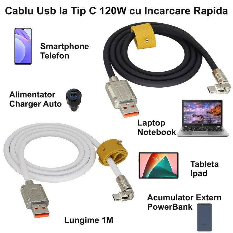 Cablu USB-A la USB-C 120W incarcare rapida 1m, compatibil smartphone, laptop, tableta si powerbank