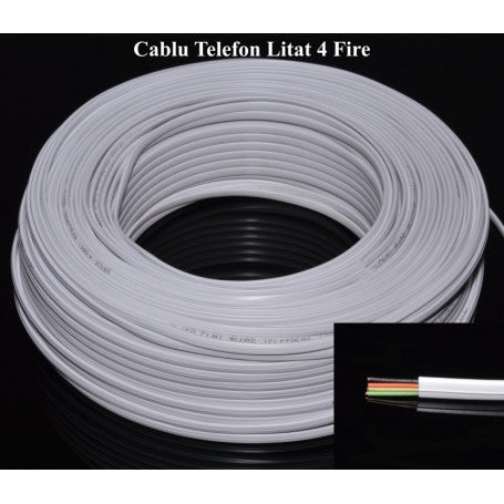 Cablu telefonic 4 fire rola 100m, alb, conductor litat, potrivit pentru telefonie, sonerie si interfon