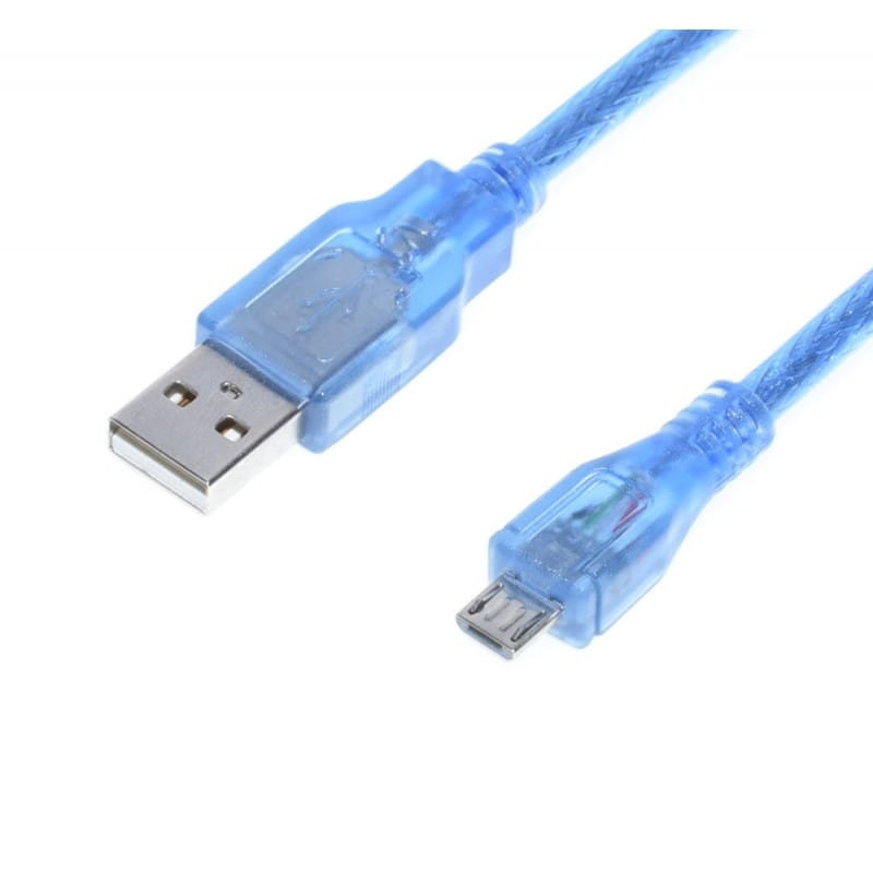 Cablu USB-A la Micro USB - detaliu conectori transparenti albastri