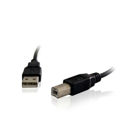 Cablu USB imprimanta negru cu ambii conectori vizibili, unghi lateral