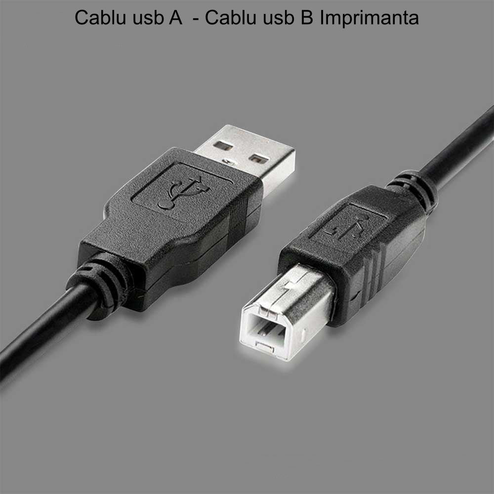 Cablu USB tip A-B imprimanta, detaliu conectori pe fundal gri, compatibil USB 2.0