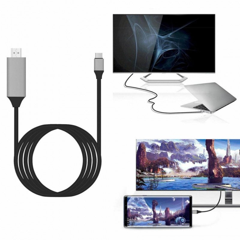 Cablu USB-C la HDMI 4K conectat intre laptop si televizor, compatibil si cu smartphone