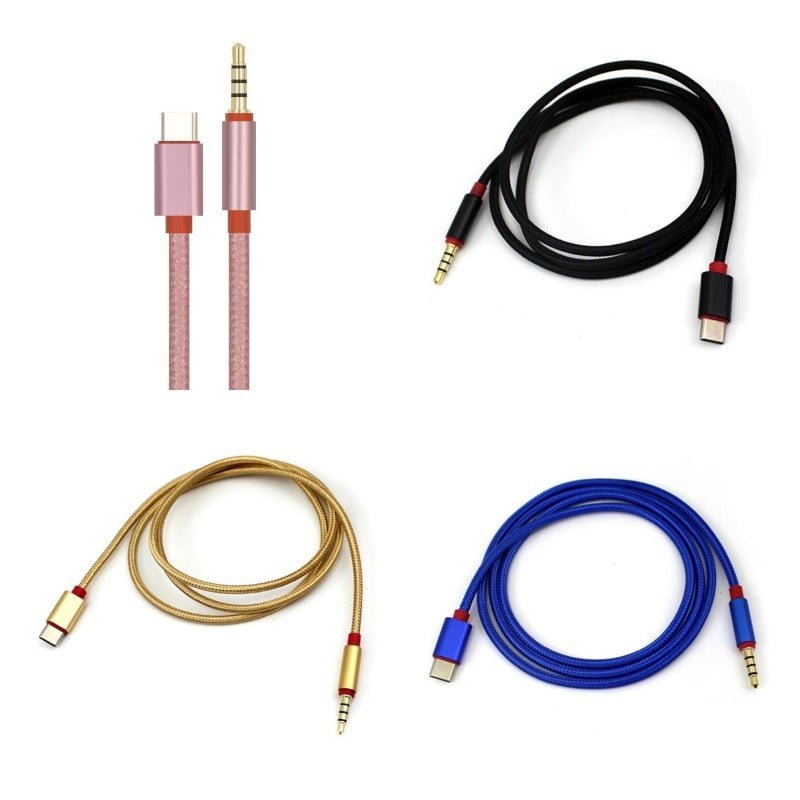 Cablu USB-C la jack 3.5mm impletit, 1m, conectori aluminiu, disponibil in roz, negru, auriu si albastru
