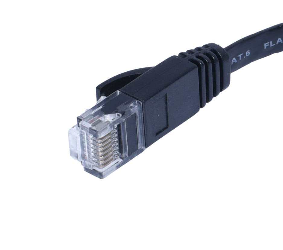Cablu retea plat CAT6 negru, conector RJ45 cu inscriptionare CAT.6 FLAT, vedere frontala