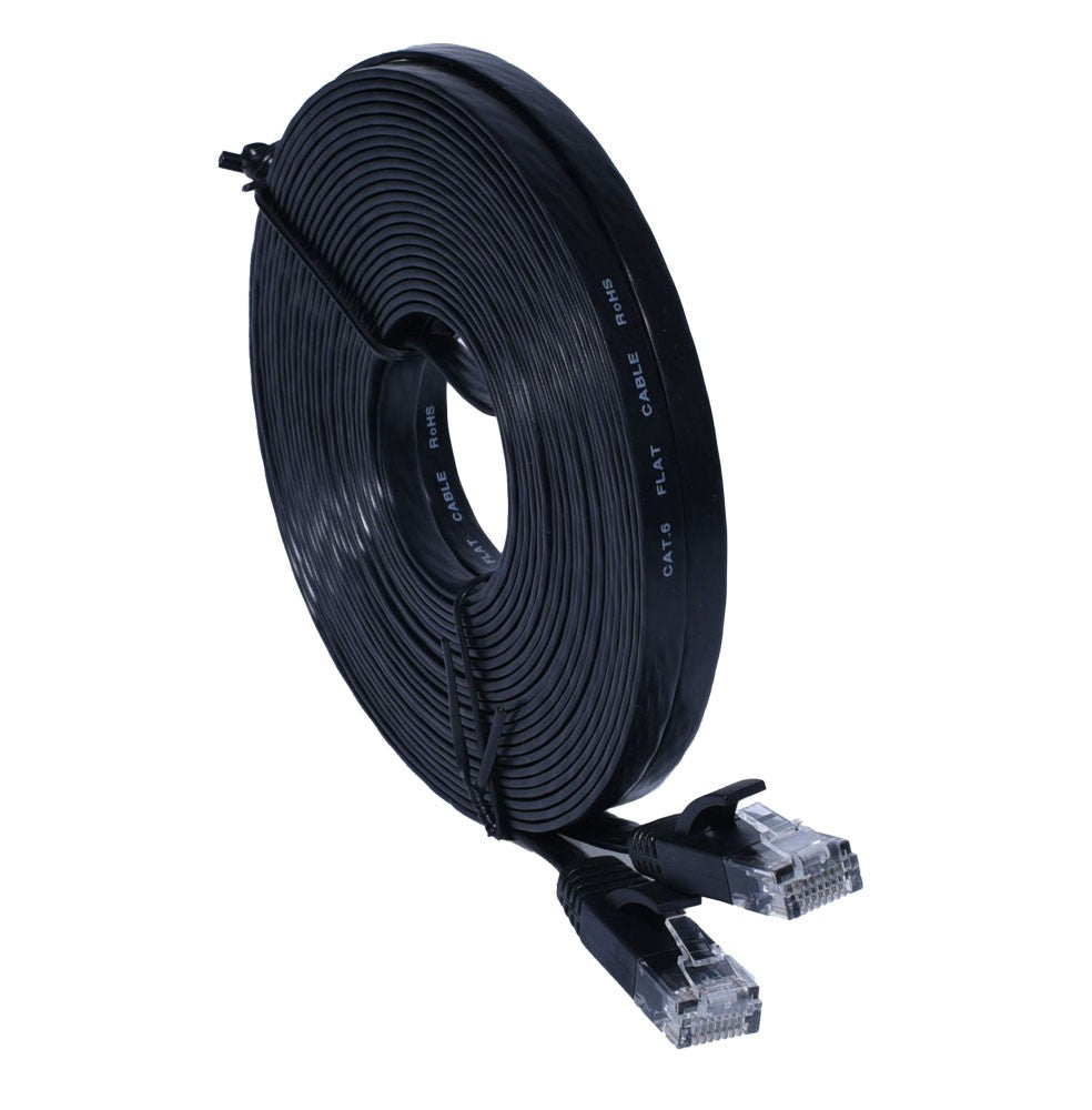 Cablu retea plat CAT6 Gigabit RoHS negru, colac mare vazut din lateral cu conectori RJ45