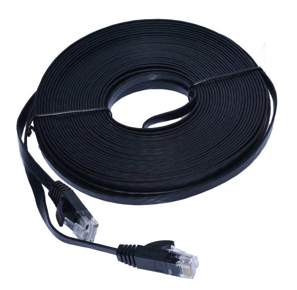 Cablu retea plat CAT6 negru 25m, colac cu conector RJ45 dublu in prim-plan, profil subtire