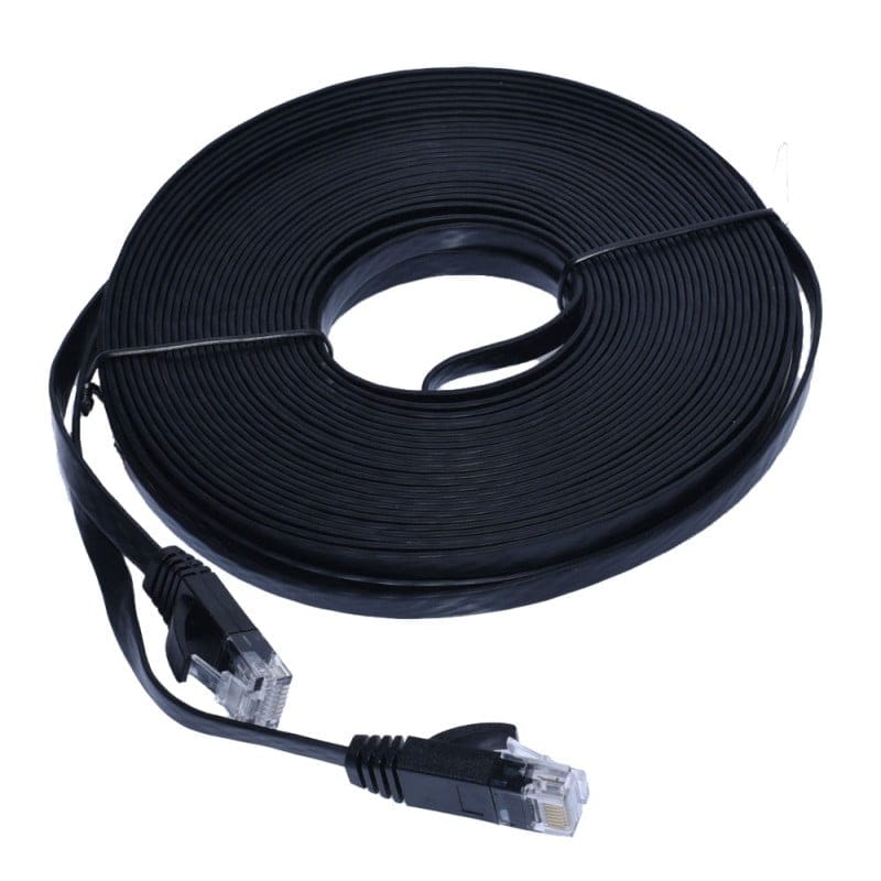 Cablu retea plat CAT6 Gigabit 30m negru rulat cu conectori RJ45, vedere laterala