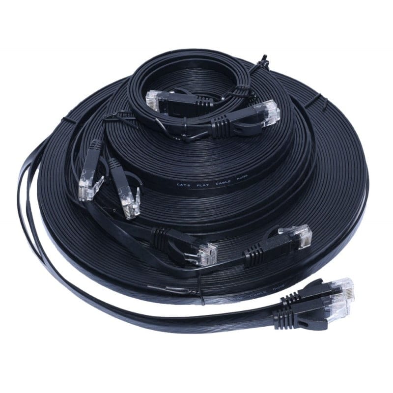 Cabluri retea plate CAT6 negre in mai multe lungimi, conectori RJ45, profil plat flexibil