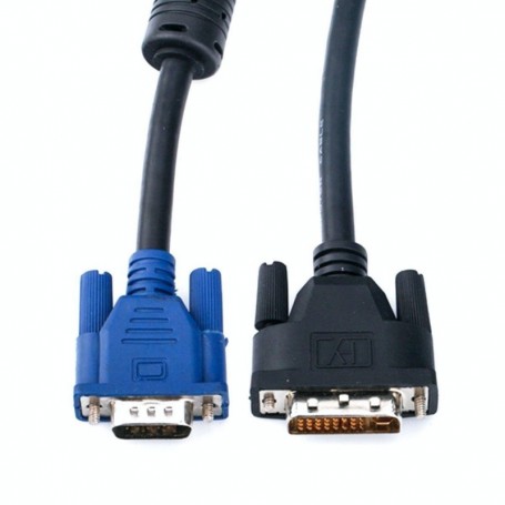 Cablu DVI la VGA, detaliu conectori - mufa VGA albastra si conector DVI negru