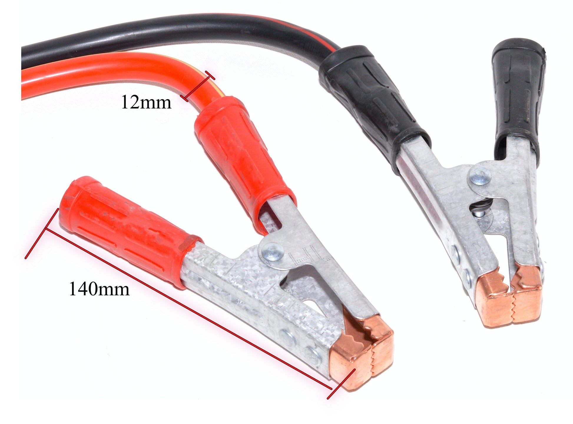 Detaliu dimensiuni clesti cabluri pornire auto: cablu 12mm diametru, cleste 140mm lungime